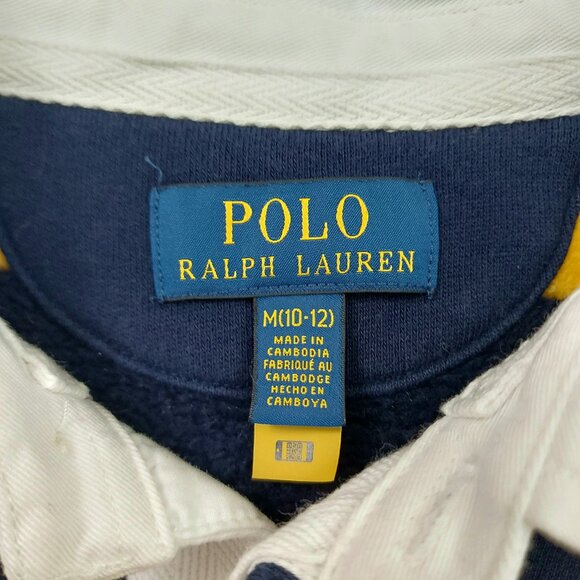 Polo Ralph Lauren Sweatshirt Big Boys M 10/12 Yellow Navy Striped Fleece Rugby - Picture 10 of 12